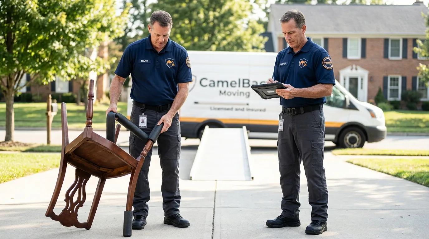 Movers inspecting furniture for damage prevention before loading in Kings Beach, CA